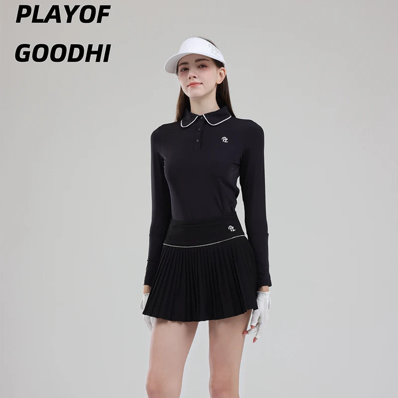 Female Golf Clothing Long Sleeve Golf T-shirt Women Polo Collar Golf Tops High-waist Pleats Skirt Golfer Skorts with Inner Short