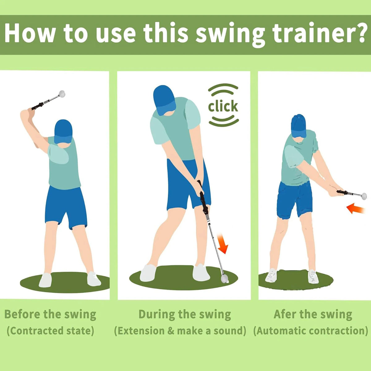 Retractable Golf Swing Trainer with Click Feedback Anti-Slip Rubber Grip Foldable Golf Practice Aid for Indoor Outdoor Training