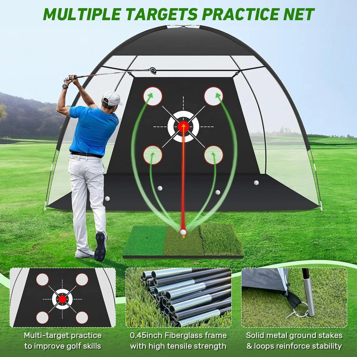 Golf Net, 10x7FT with Golf Practice Mat, Hitting Aid Nets for Backyard Driving Chipping Training Swing with Targets Outdoor or I