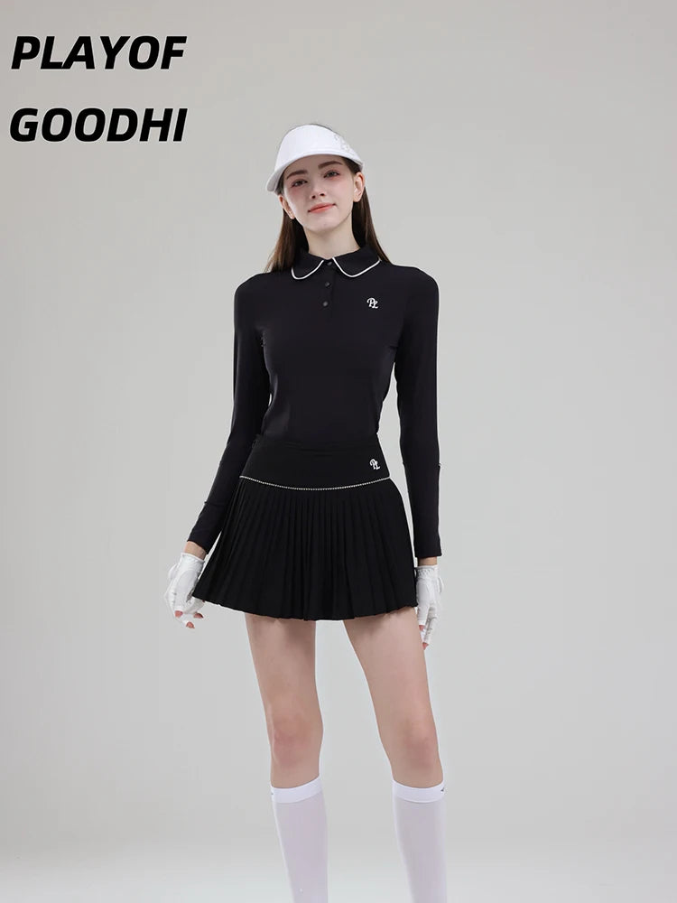 Female Golf Clothing Long Sleeve Golf T-shirt Women Polo Collar Golf Tops High-waist Pleats Skirt Golfer Skorts with Inner Short