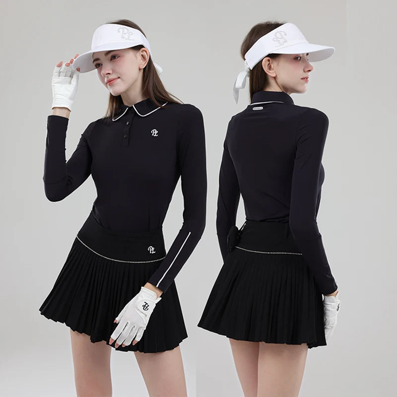 Female Golf Clothing Long Sleeve Golf T-shirt Women Polo Collar Golf Tops High-waist Pleats Skirt Golfer Skorts with Inner Short