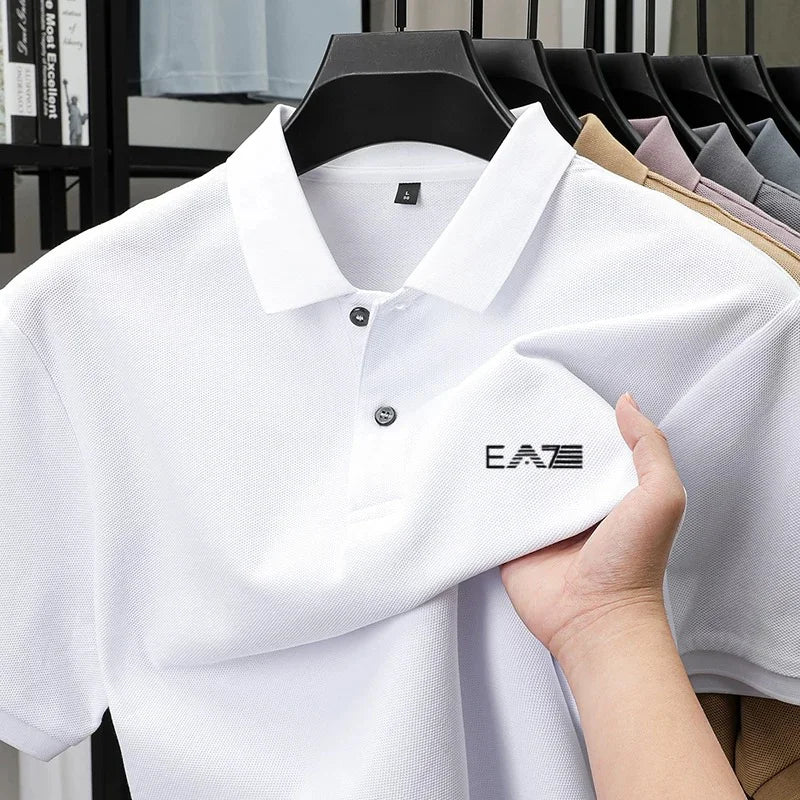 Men's Summer High-End Printed Golf Polo Shirt with Collar, Solid Color, Breathable, Office Casual, High-Quality Men's Clothing