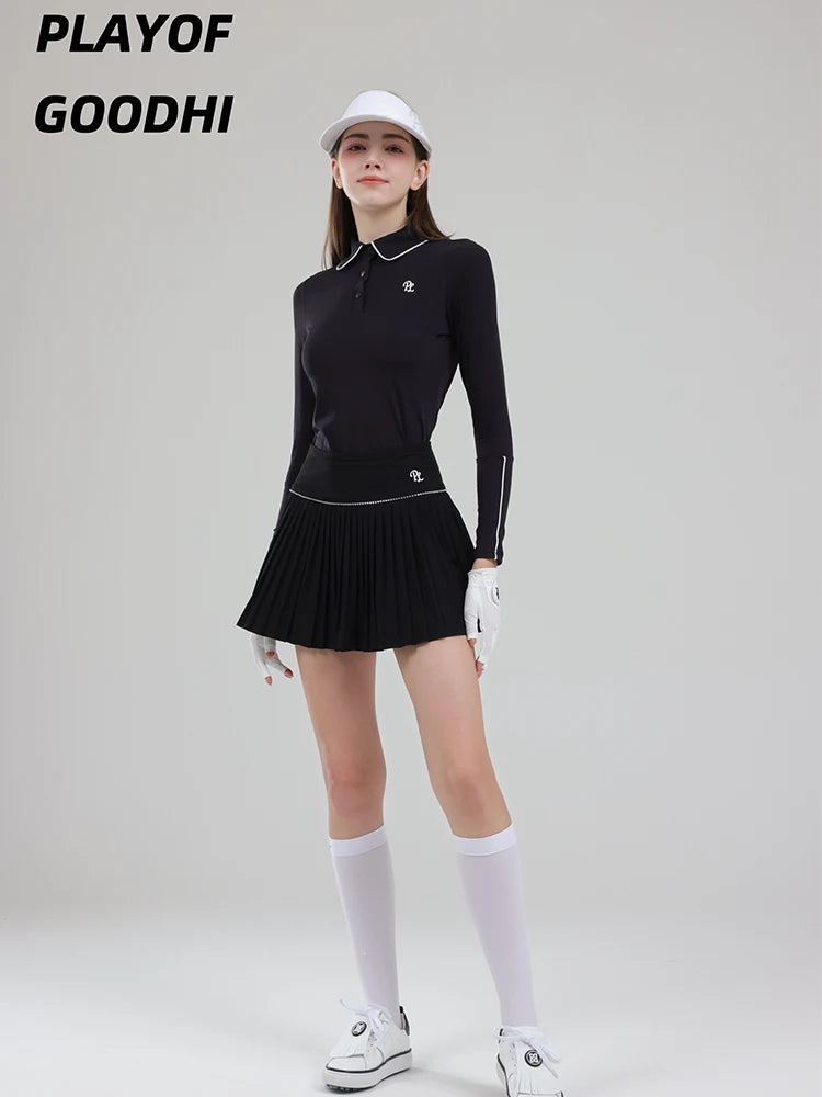 Female Golf Clothing Long Sleeve Golf T-shirt Women Polo Collar Golf Tops High-waist Pleats Skirt Golfer Skorts with Inner Short