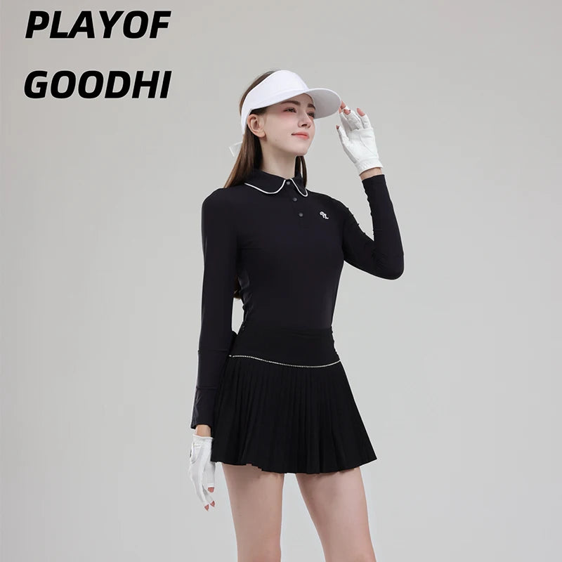 Female Golf Clothing Long Sleeve Golf T-shirt Women Polo Collar Golf Tops High-waist Pleats Skirt Golfer Skorts with Inner Short