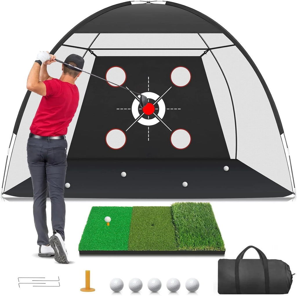 Golf Net, 10x7FT with Golf Practice Mat, Hitting Aid Nets for Backyard Driving Chipping Training Swing with Targets Outdoor or I