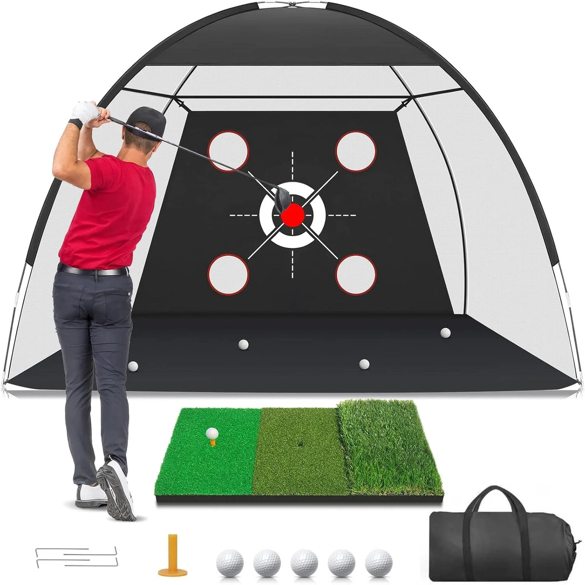 Golf Net, 10x7FT with Golf Practice Mat, Hitting Aid Nets for Backyard Driving Chipping Training Swing with Targets Outdoor or I