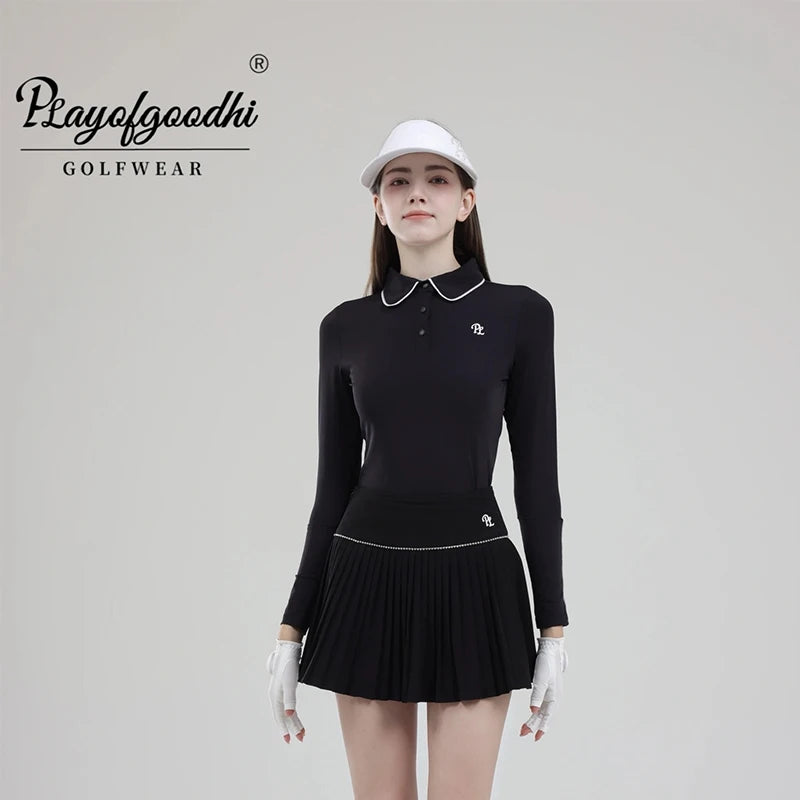 Female Golf Clothing Long Sleeve Golf T-shirt Women Polo Collar Golf Tops High-waist Pleats Skirt Golfer Skorts with Inner Short