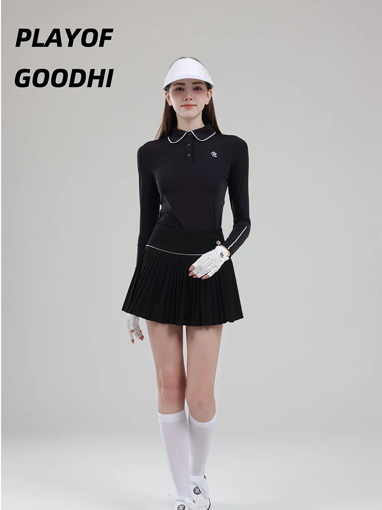 Female Golf Clothing Long Sleeve Golf T-shirt Women Polo Collar Golf Tops High-waist Pleats Skirt Golfer Skorts with Inner Short