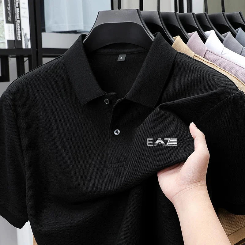 Men's Summer High-End Printed Golf Polo Shirt with Collar, Solid Color, Breathable, Office Casual, High-Quality Men's Clothing