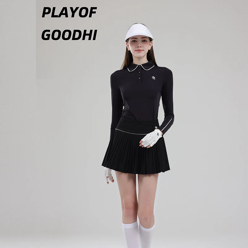 Female Golf Clothing Long Sleeve Golf T-shirt Women Polo Collar Golf Tops High-waist Pleats Skirt Golfer Skorts with Inner Short