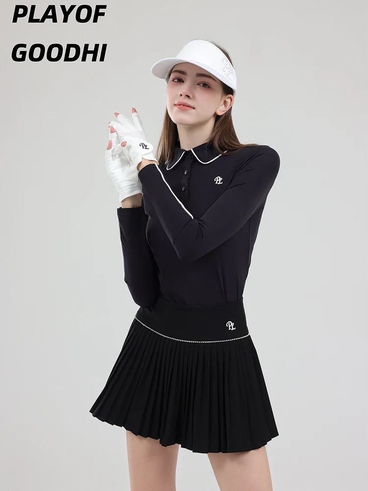 Female Golf Clothing Long Sleeve Golf T-shirt Women Polo Collar Golf Tops High-waist Pleats Skirt Golfer Skorts with Inner Short