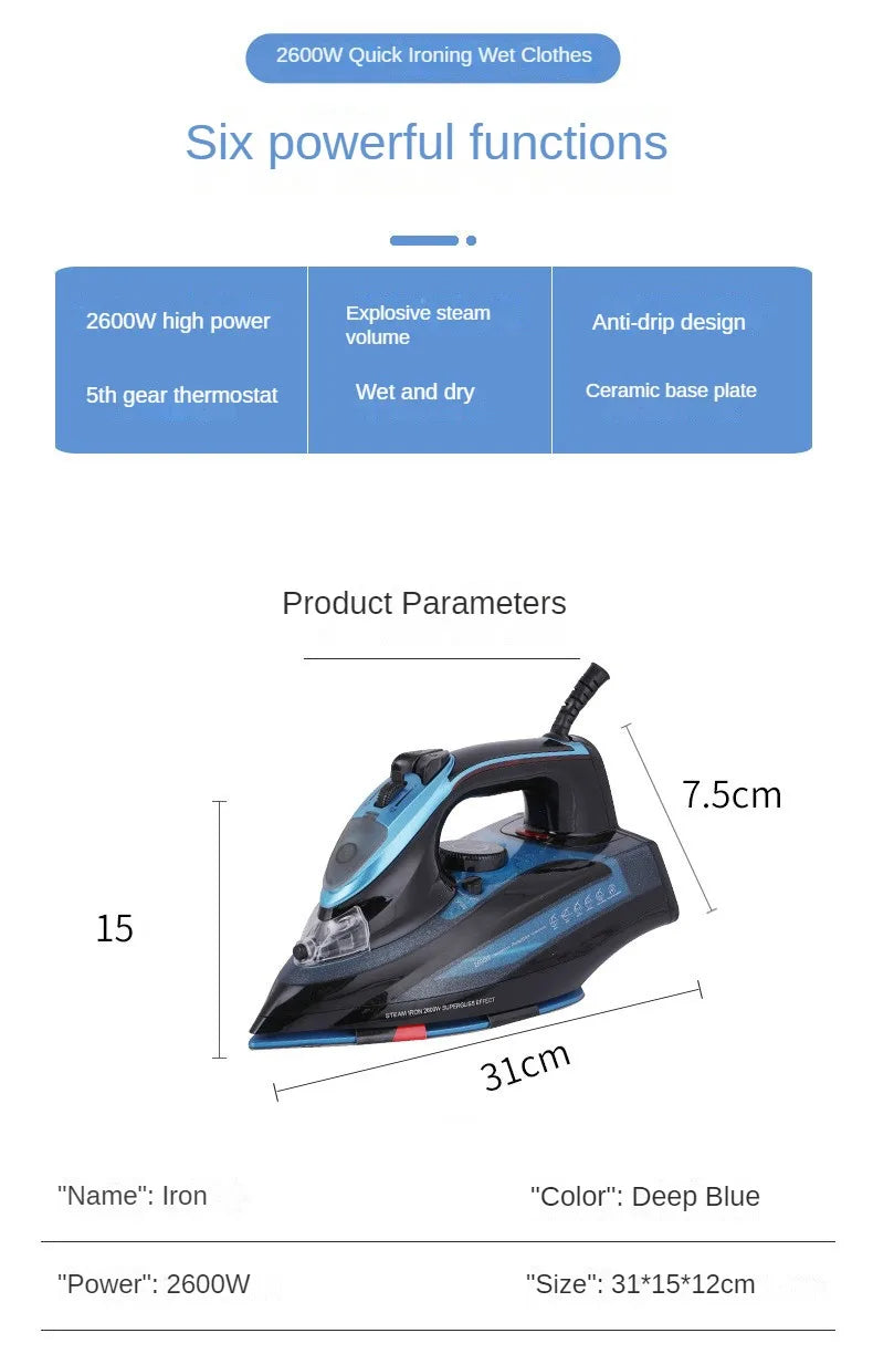 Iron,Steam Iron for Clothes 2600 Watt Wet and Dry Electric Iron, Anti-Drip,Ceramic Soleplate,Fast Heat Remove Wrinkle Of Clothes