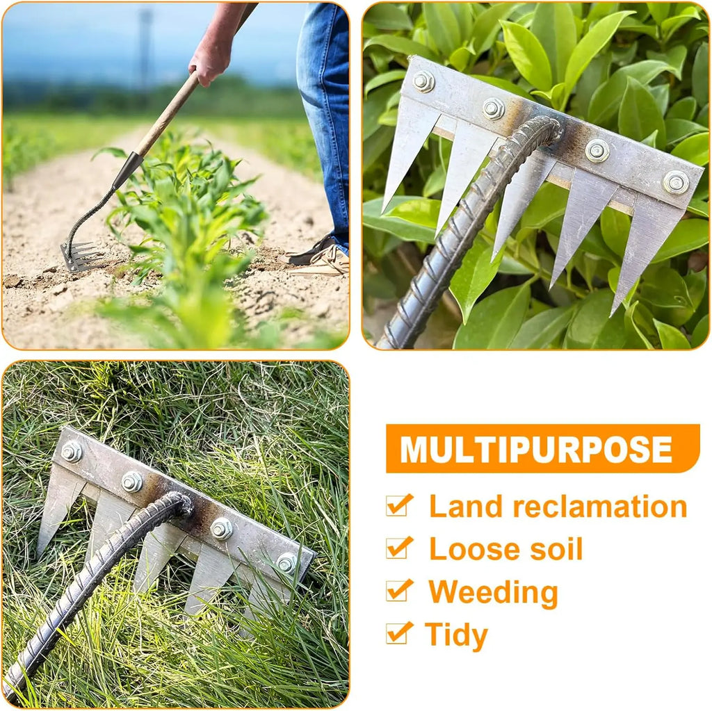 5/6/7/8 Teeth Iron Gardening Hoe Weeding Rake Farm Tool Grasping Raking Loosening Soil Nail Rake Tool Artifact Harrow Farm Tool