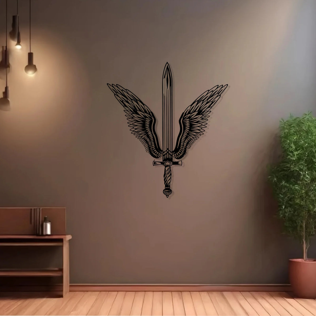 Winged Sword Iron Wall Art Statue Mural Fantasy Gothic Metal Decor Weatherproof Indoor Outdoor Living Room Garden Christmas Gift