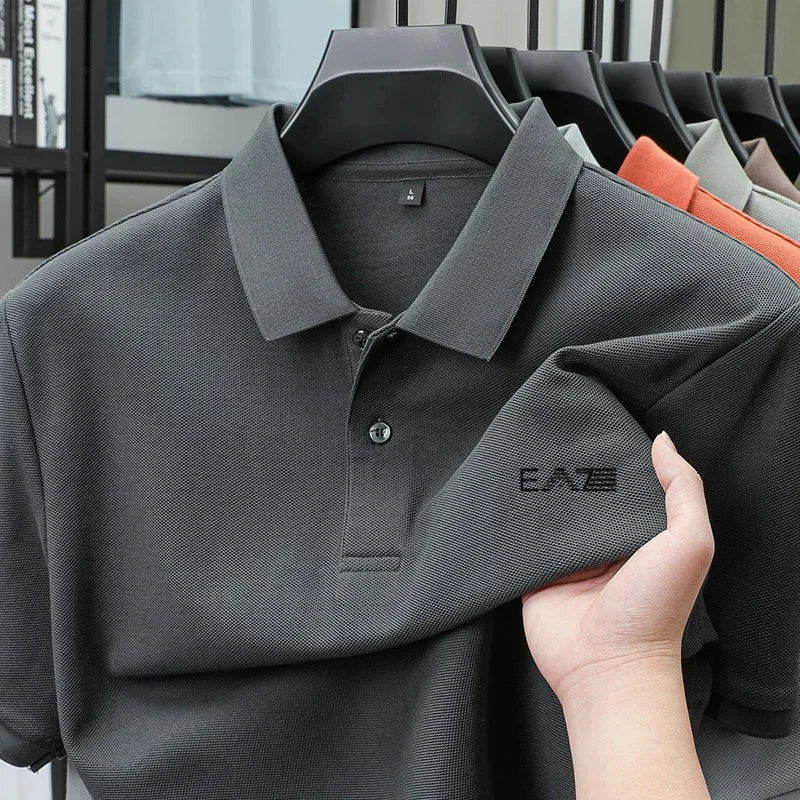 Men's Summer High-End Printed Golf Polo Shirt with Collar, Solid Color, Breathable, Office Casual, High-Quality Men's Clothing