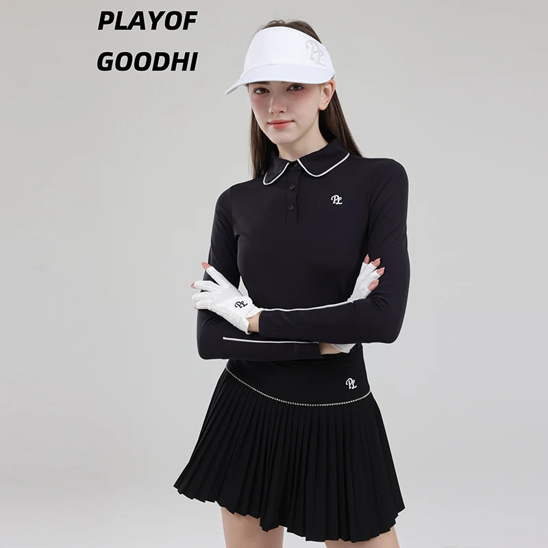 Female Golf Clothing Long Sleeve Golf T-shirt Women Polo Collar Golf Tops High-waist Pleats Skirt Golfer Skorts with Inner Short