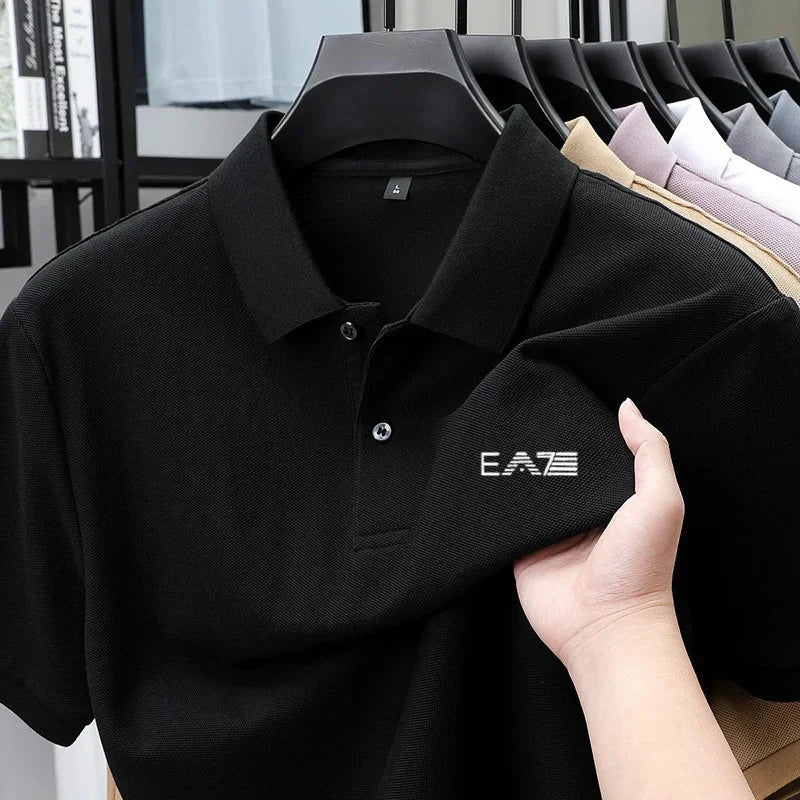 Men's Summer High-End Printed Golf Polo Shirt with Collar, Solid Color, Breathable, Office Casual, High-Quality Men's Clothing