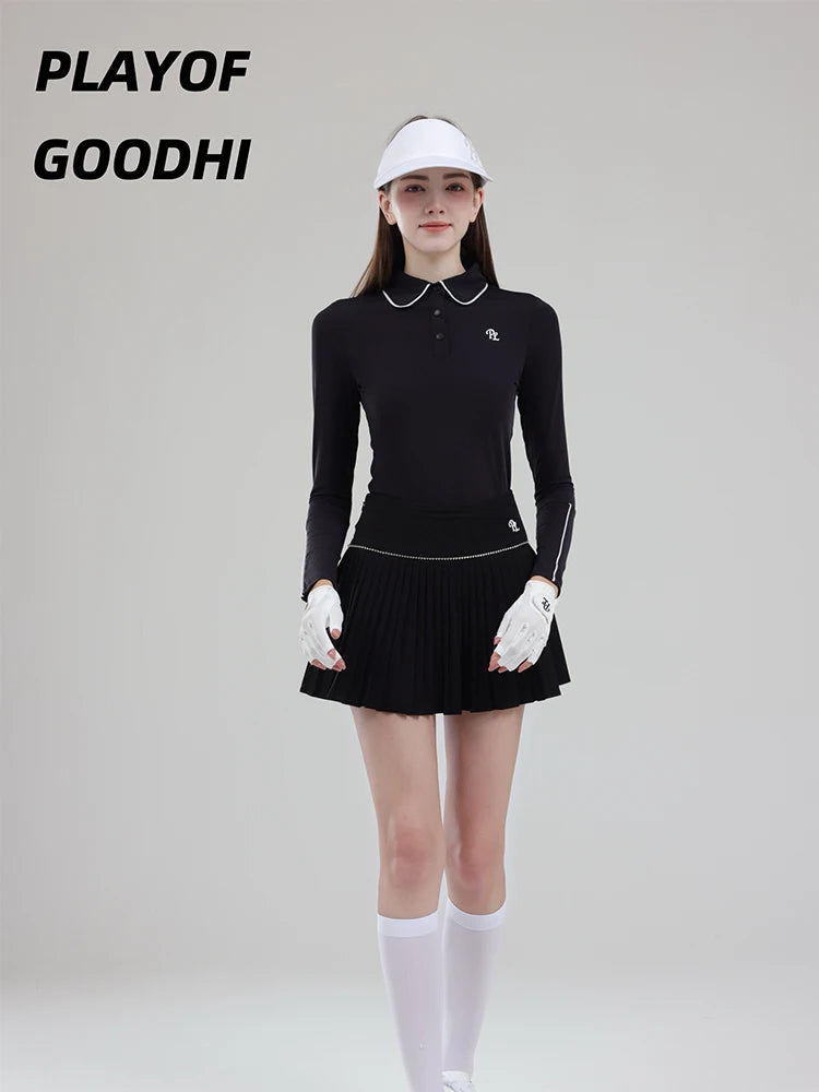Female Golf Clothing Long Sleeve Golf T-shirt Women Polo Collar Golf Tops High-waist Pleats Skirt Golfer Skorts with Inner Short