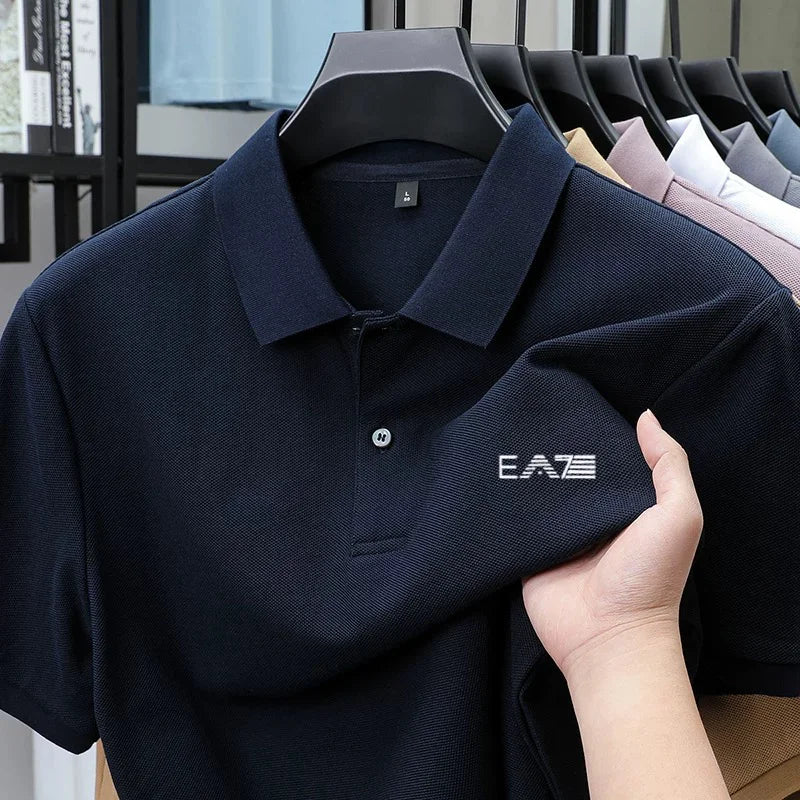 Men's Summer High-End Printed Golf Polo Shirt with Collar, Solid Color, Breathable, Office Casual, High-Quality Men's Clothing