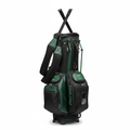 Tour-style golf stand bag in black and green on white background