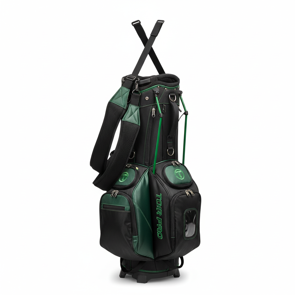 Tour-style golf stand bag in black and green on white background