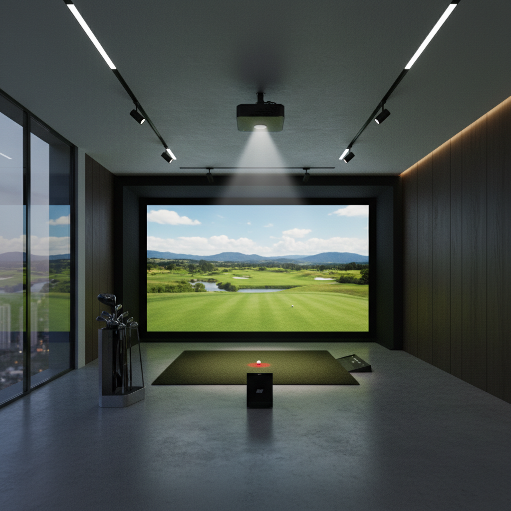 Home golf simulator setup with impact screen and launch monitor