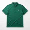Performance golf polo shirt in forest green on white background