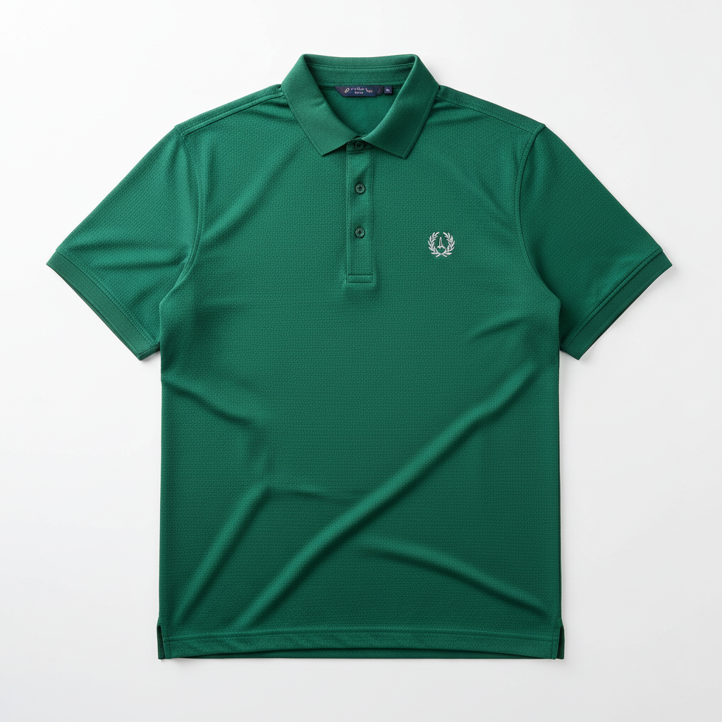 Performance golf polo shirt in forest green on white background