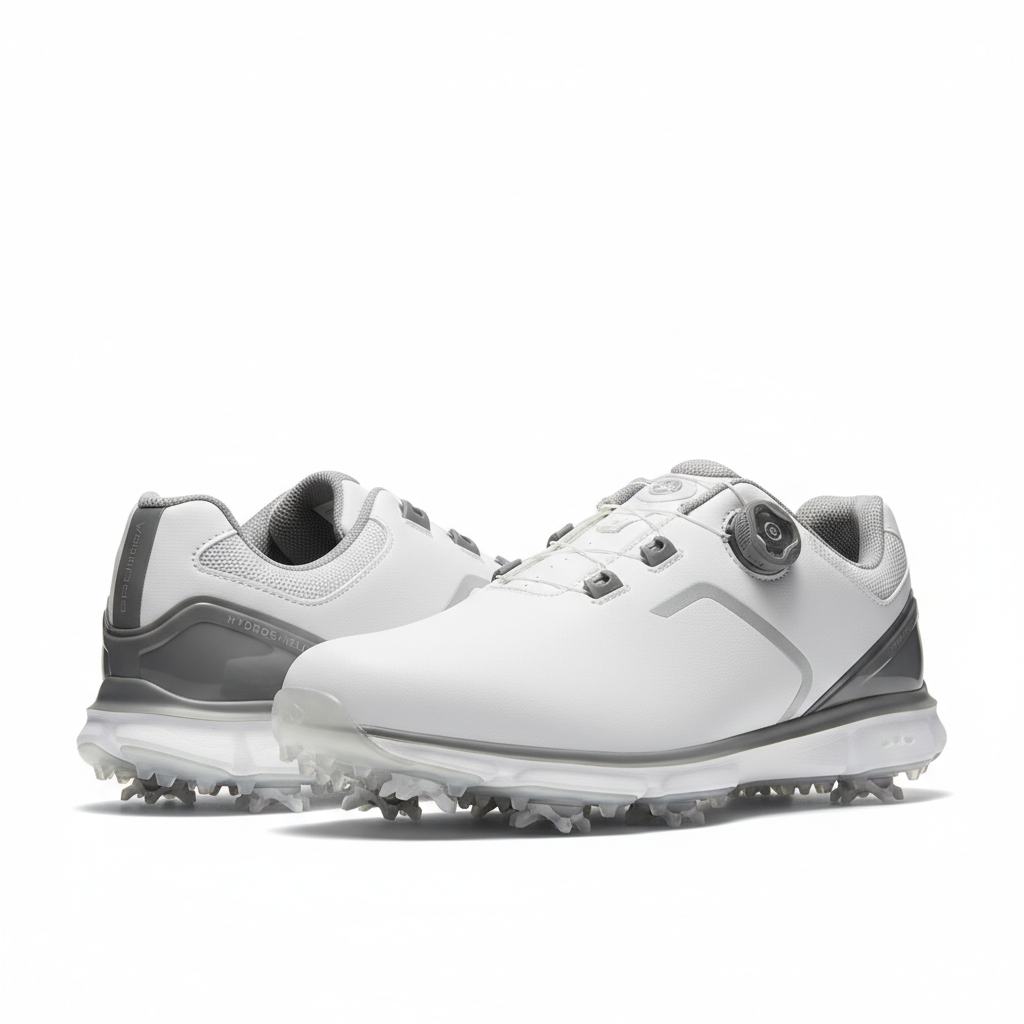 Waterproof golf shoes in white and grey on white background